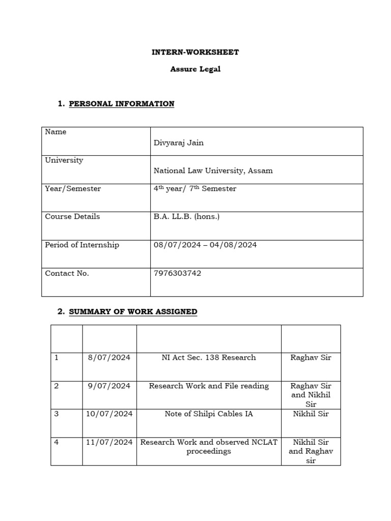Intern's Worksheet | PDF