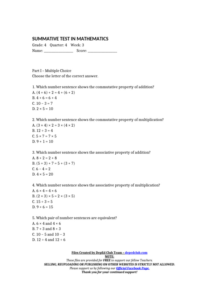 DTC Summ Test Mathematics 4 q4 w3 | PDF | Subtraction | Numbers