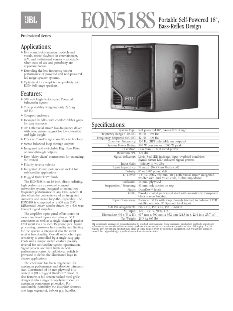 Tilhører Sudan pakke JBL EON 518s Subwoofer Specs Sheet | PDF | Loudspeaker | Sound