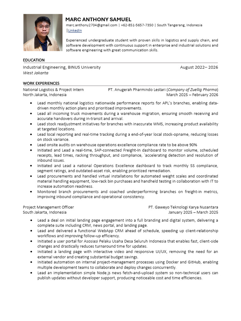 CV Marc Anthony Samuel - 2026 | PDF | Logistics | Customer Relationship ...