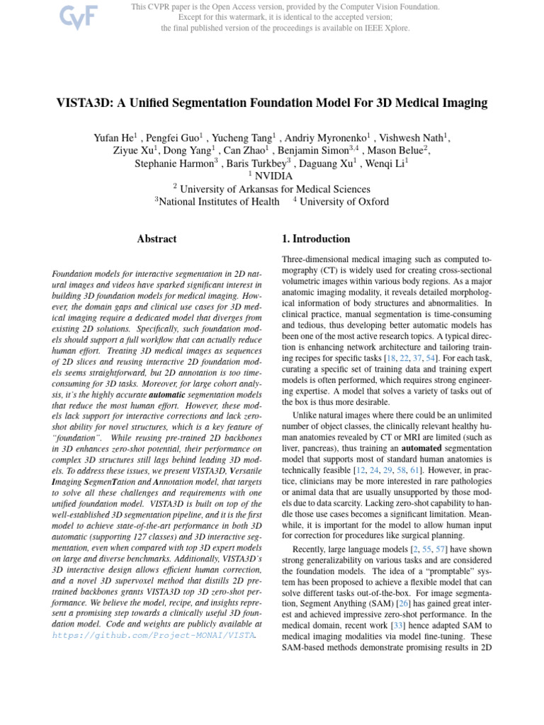 VISTA3D A Unified Segmentation Foundation Model For 3D Medical Imaging ...