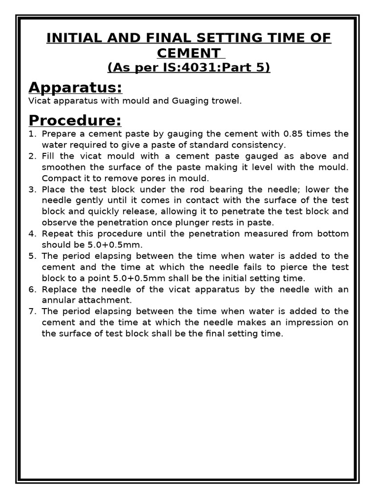 Initial and Final Setting Time of Cement | PDF