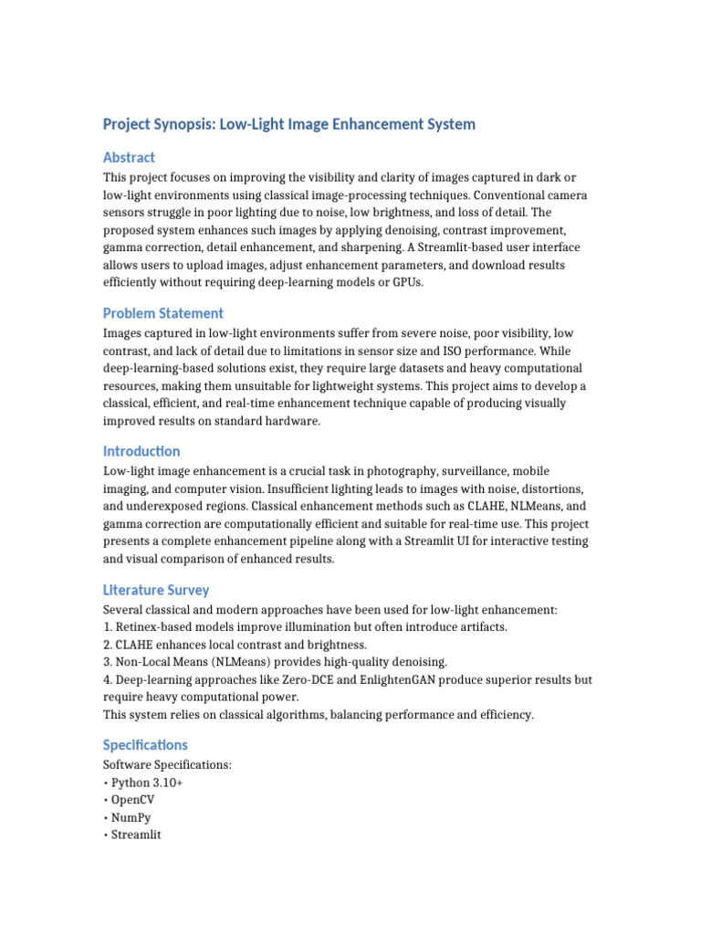 LowLight Enhancement Synopsis Final | PDF | Image Editing | Deep Learning