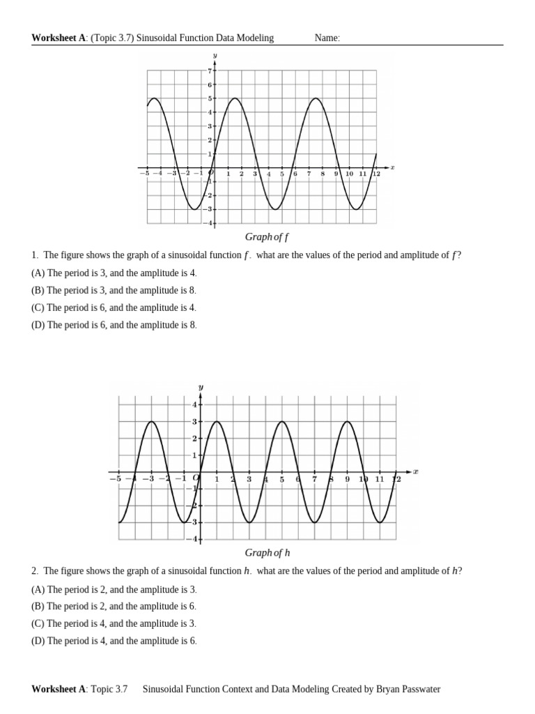 Worksheet A Topic 3.7 Sinusoidal Function Context and Data Modeling ...