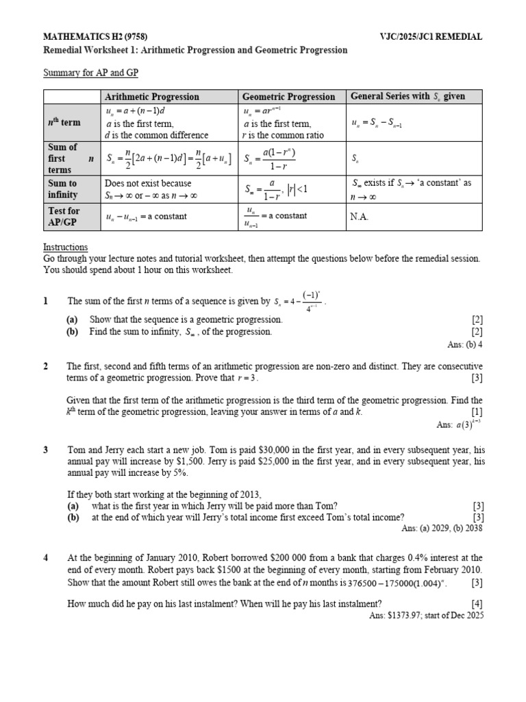 Remedial Worksheet 1 AP&GP (QP) | PDF | Arithmetic | Series (Mathematics)