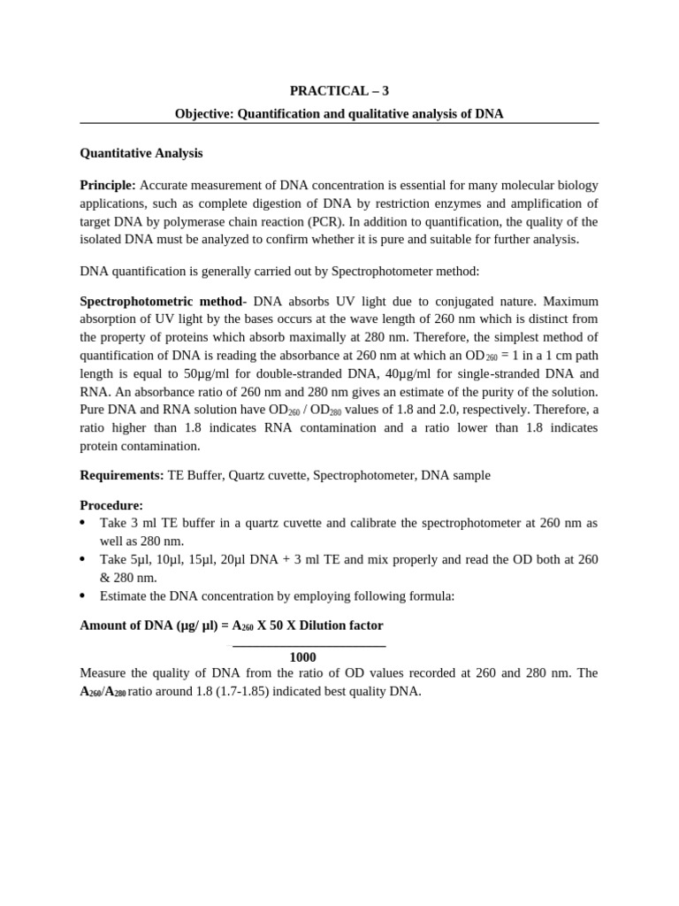 Practical 3 - Quantification and Qualitative Analysis of DNA | PDF ...