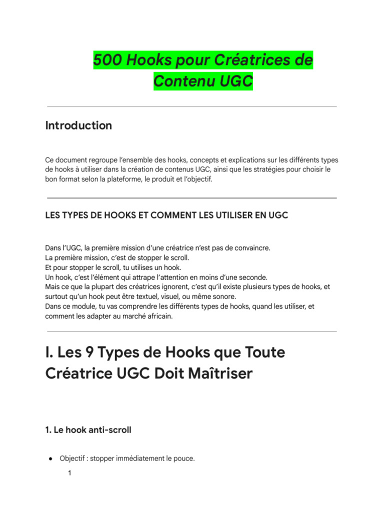 500 Hooks Pour Créatrices de Contenu UGC | PDF