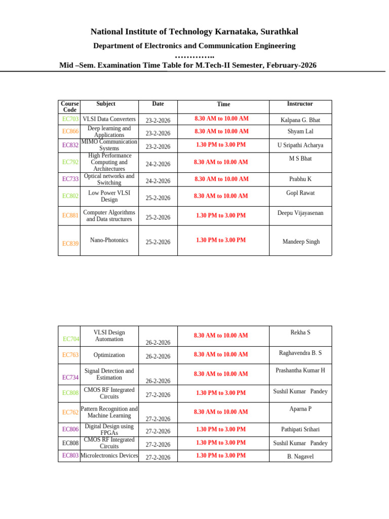Mid-Sem Mtech EC Time Table Feb 2026 | PDF | Electronics | Computing