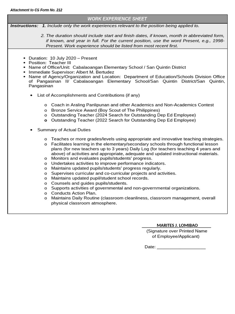 ANNEX H 2 CS Form No. 212 Attachment Work Experience Sheet | PDF ...