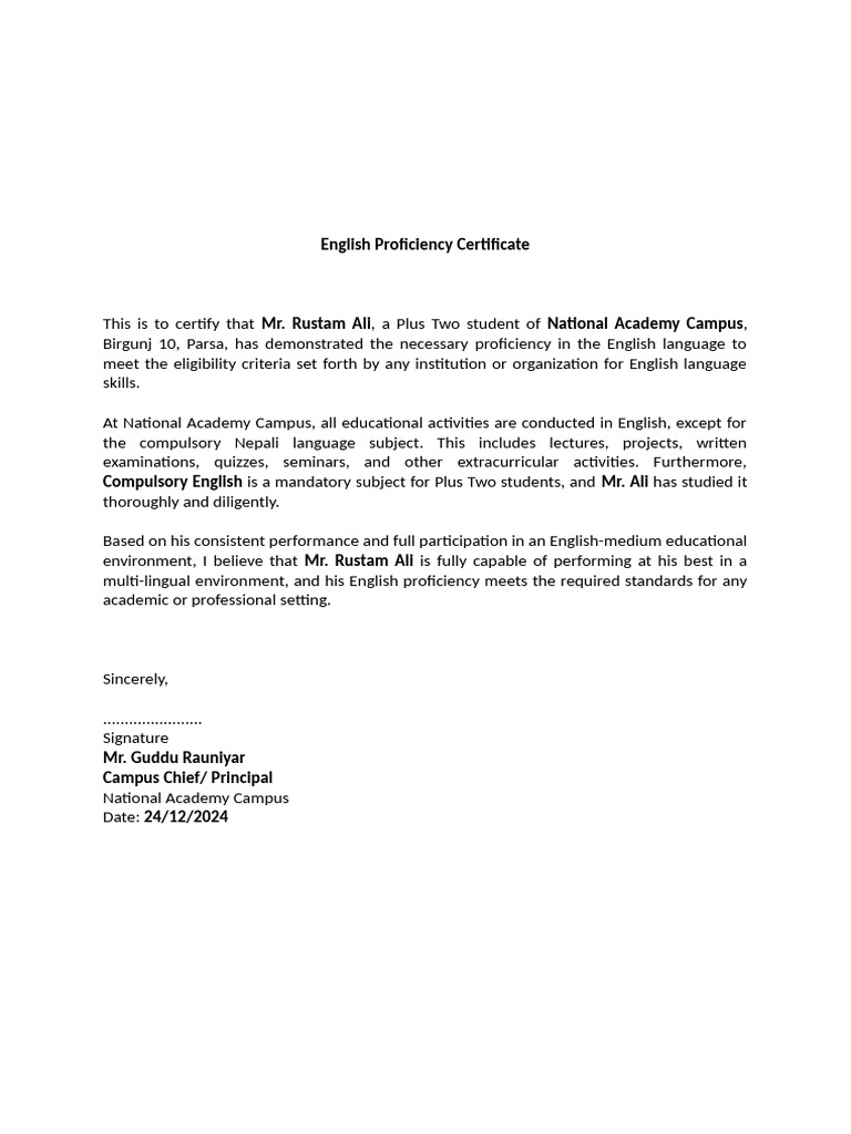 English Proficiency Certificate Rustam | PDF