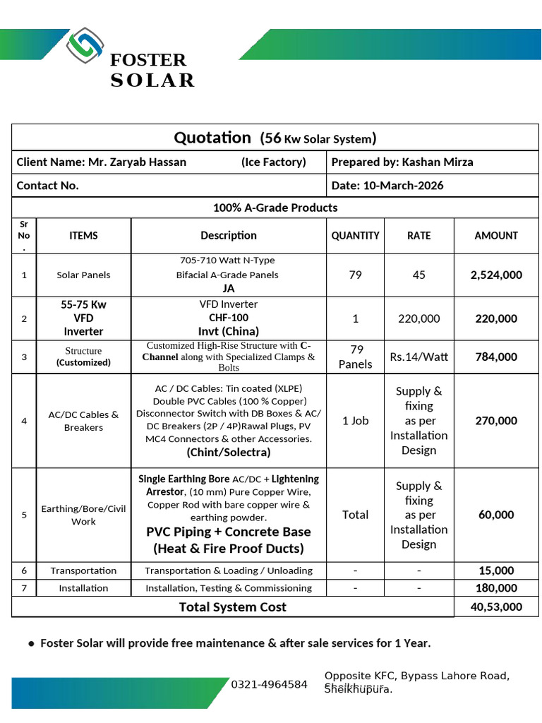 56 KW Mr. Zarayb Hassan Solar System Quotation | PDF | Electrical ...