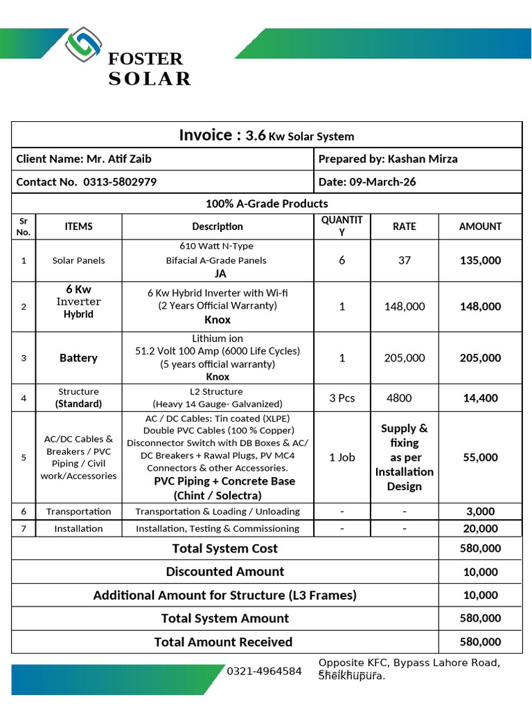 5 KW Mr. Atif Zaib Hybrid Solar System Invoice-1 | PDF | Solar Power ...