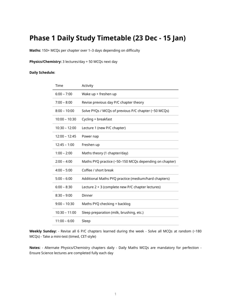 Phase1 Study Timetable | PDF