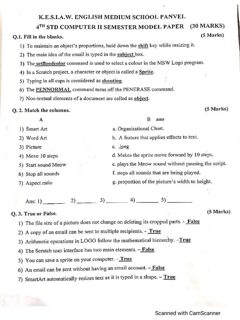 Std. 4 Computer Model Question Paper | PDF