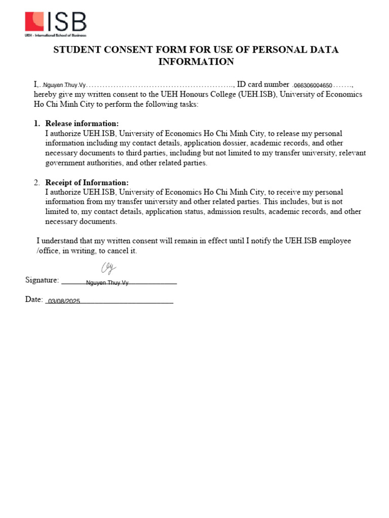 GP_Student Consent Form for Use of Personal Information Data 2 | PDF