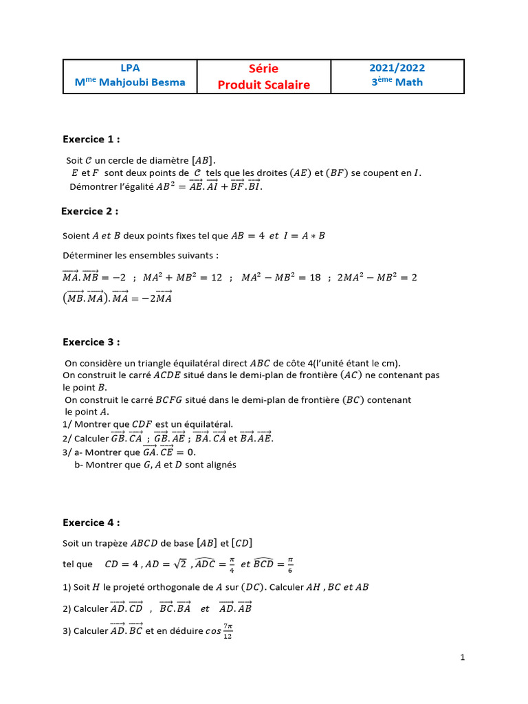 Serie Produit Scalaire 3ème Math 2021 | PDF | Triangle | Mathématiques