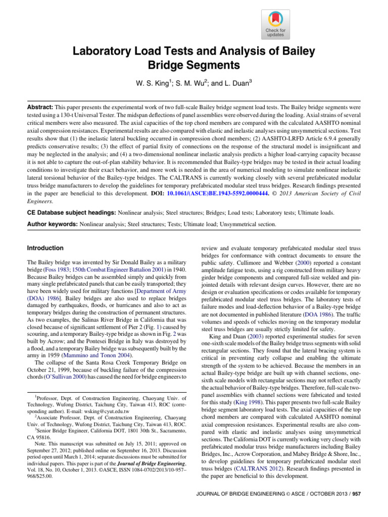Laboratory Load Tests and Analysis of Bailey Bridge Segments | PDF ...
