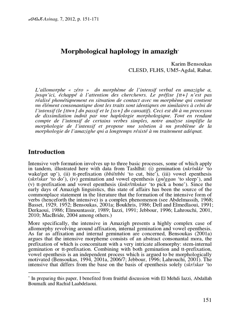Morphological Haplology in Amazigh 2012 | PDF | Morphology (Linguistics ...