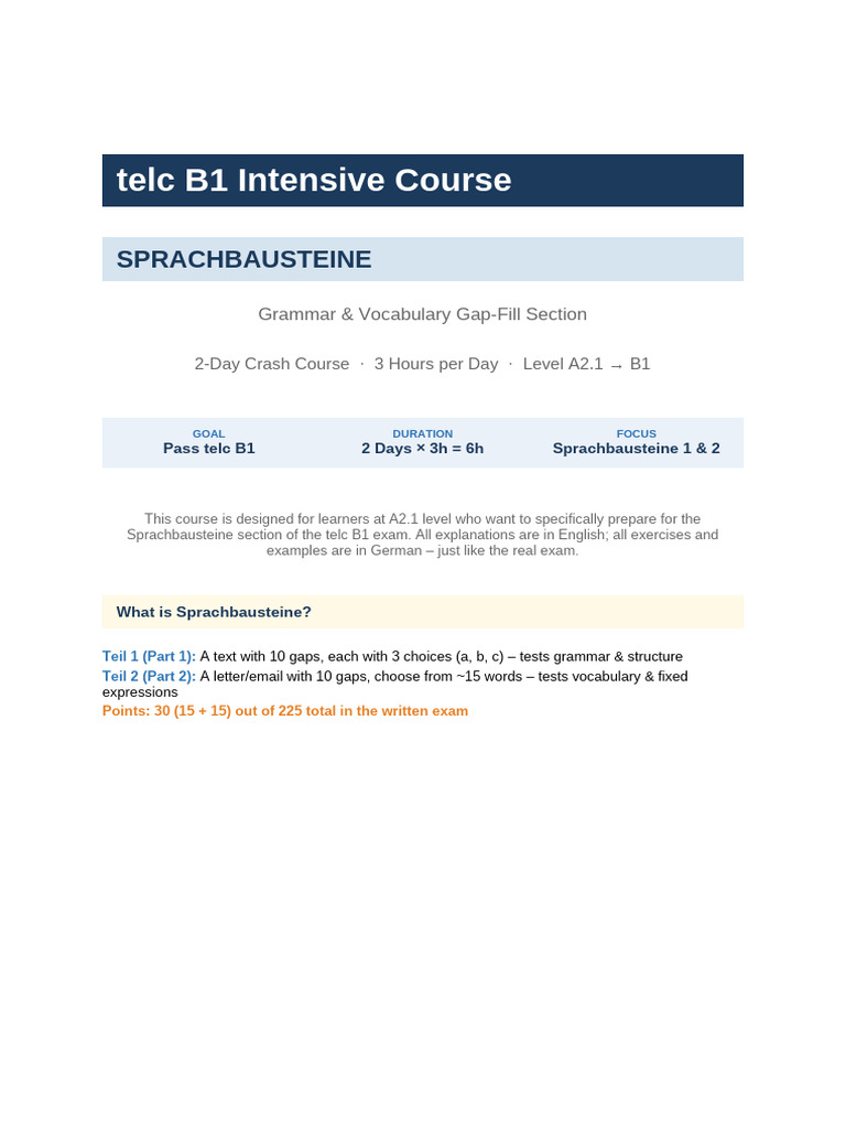 Telc B1 Sprachbausteine Intensivkurs | PDF