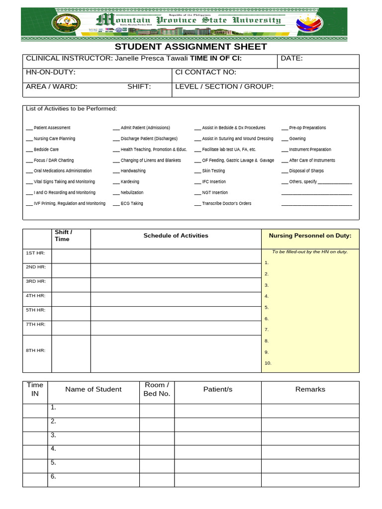 Student Assignment Sheet and Clearance 2022-1-014616 | PDF | Patient
