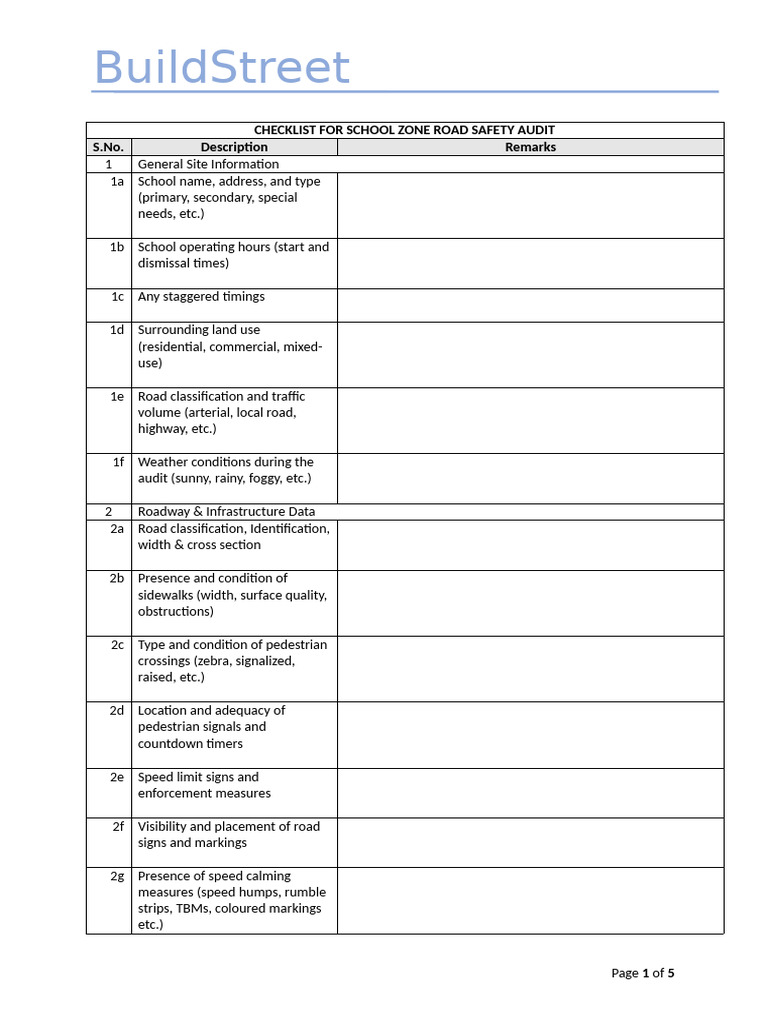 Checklist For School Zone Audit | PDF | Traffic | Road Safety