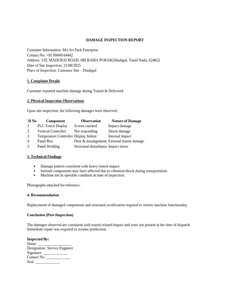 Damage Inspection Report - Sripack | PDF