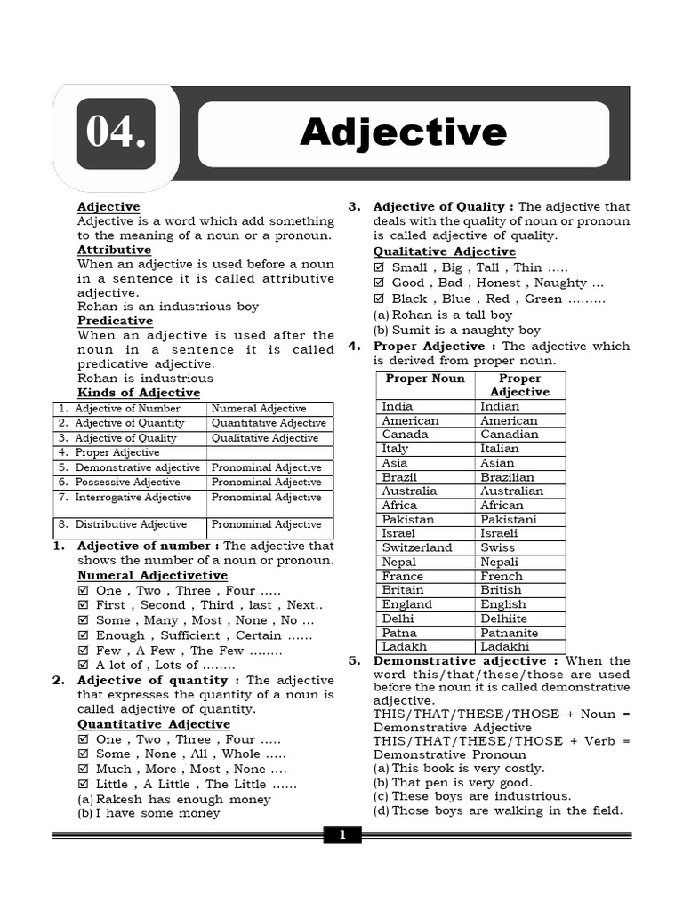 Adjective - Class Sheet | PDF | Adjective | Pronoun
