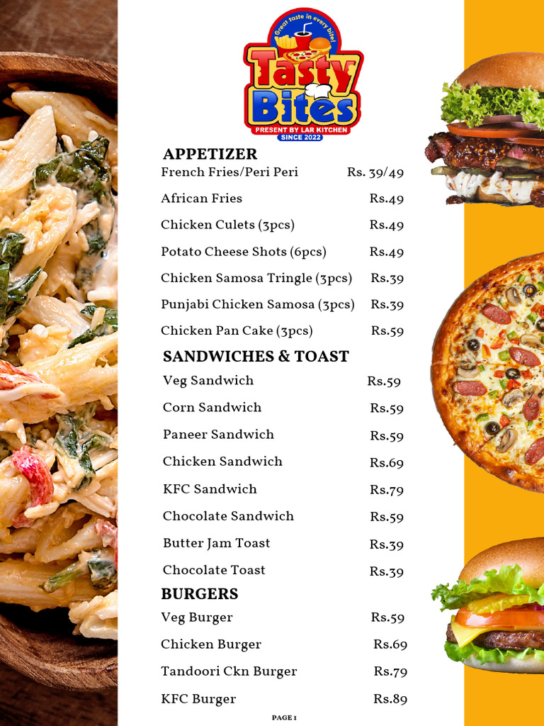 Tasty Bites Food Menu Final | PDF | Hamburgers | Kebab
