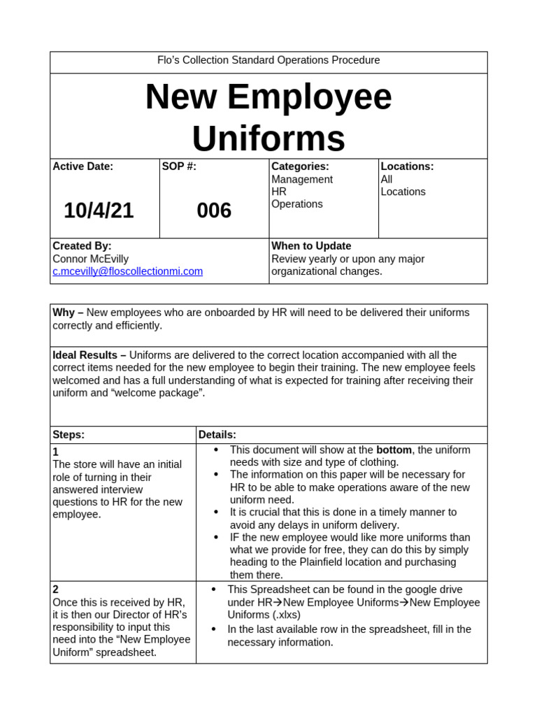 SOP 006 New Employee Uniforms | PDF