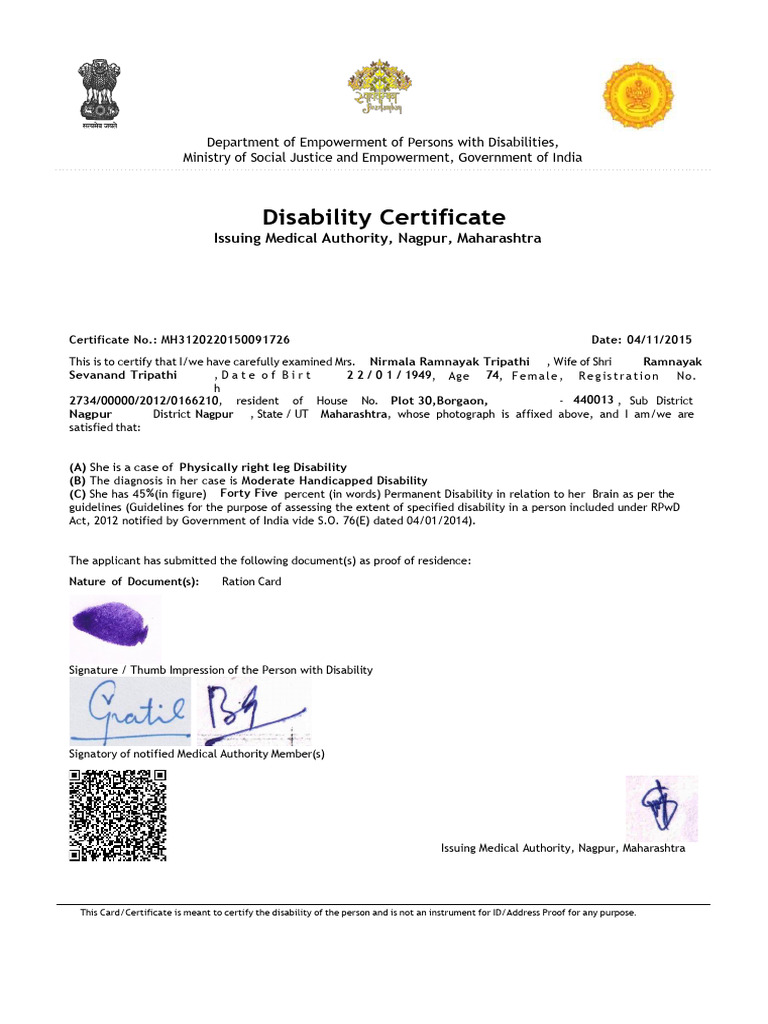 Disability Certificate | PDF
