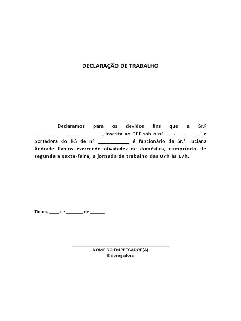MODELO DE DECLARAÇÃO DE TRABALHO