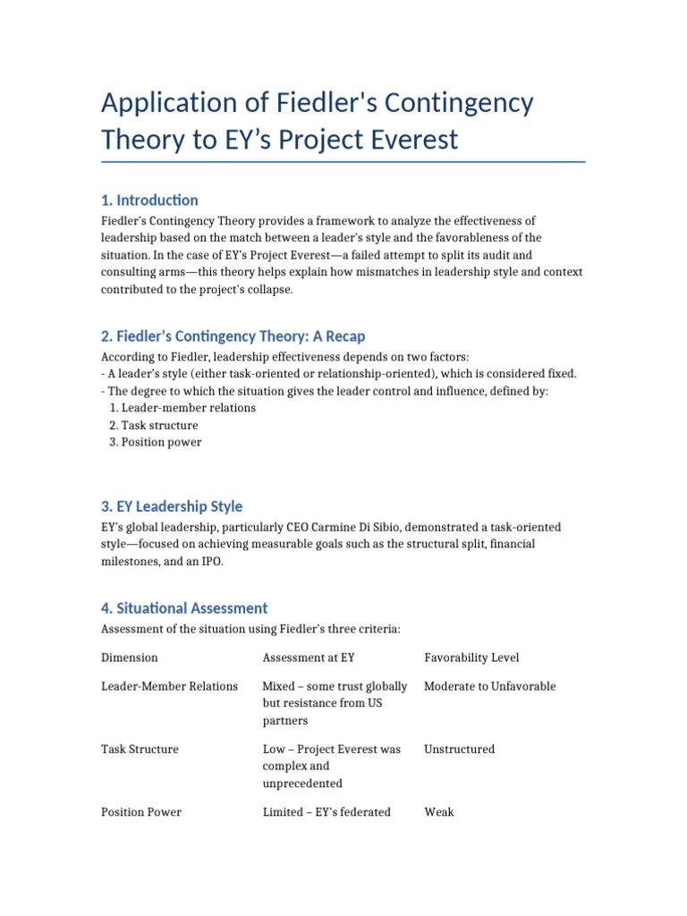 Fiedler Theory EY Project Everest | PDF | Leadership | Social Psychology