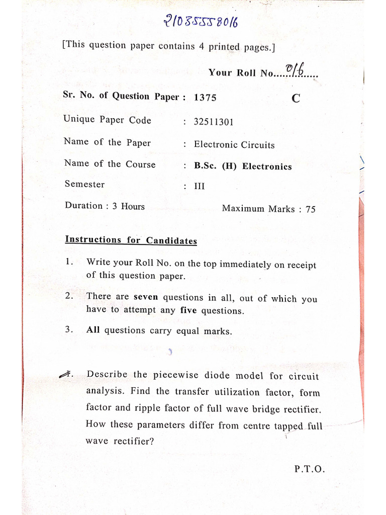 2022 Practice Paper - Analog Electronics 1 PYQ Paper for Sem II | PDF