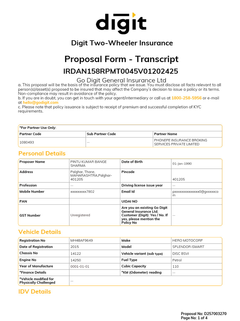 DG 2W Proposalsc D257003270 D257003270 1773142878181 | PDF | Insurance ...