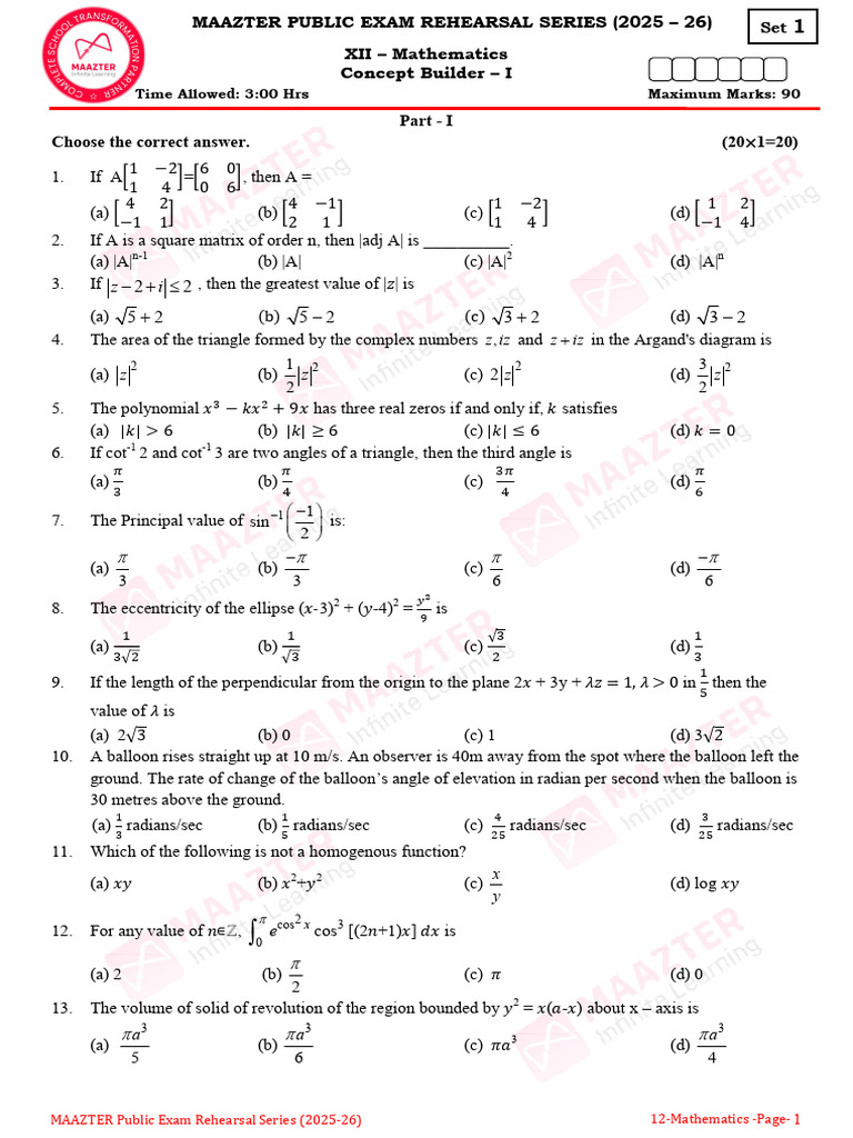 12th Mathematics 10 Set Question Papers | PDF | Equations | Ellipse