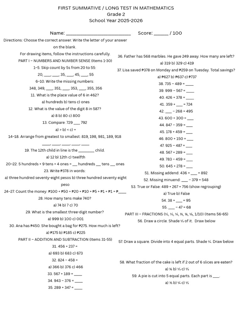 Grade 2 Mathematics Long Test | PDF