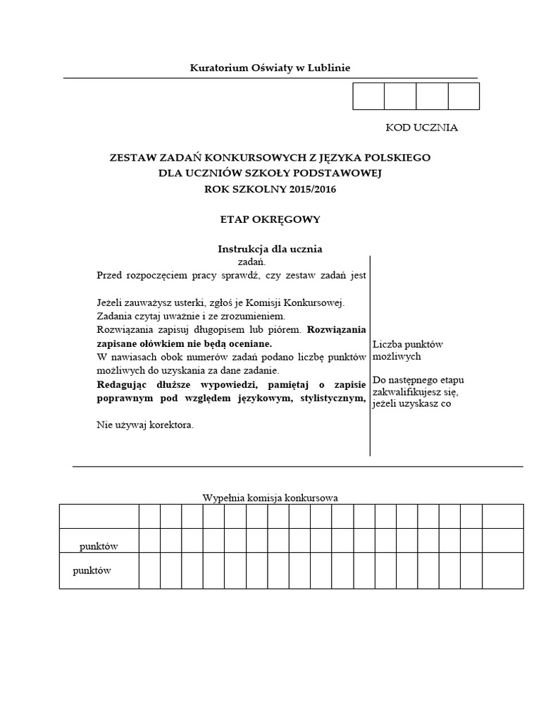 Etap Okregowy Podstawowka Jezyk Polski 2015 | PDF