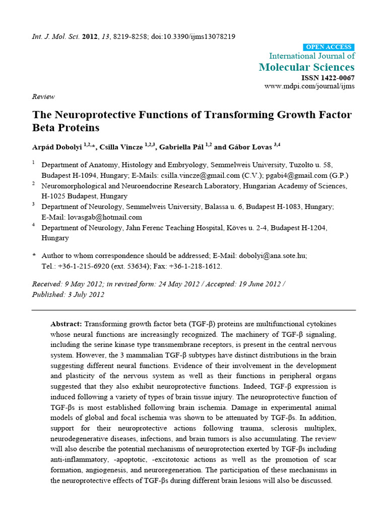 The Neuroprotective Functions of Transforming Growth Factor Beta ...