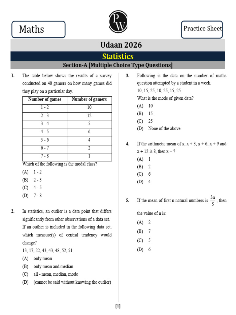 Statistics Practice Sheet | PDF | Mean | Mode (Statistics)