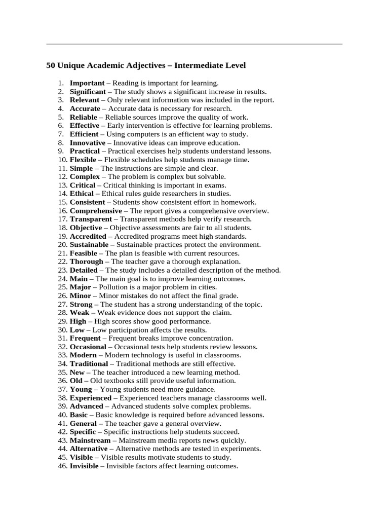 50 Unique Academic Adjectives | PDF | Teachers | Learning