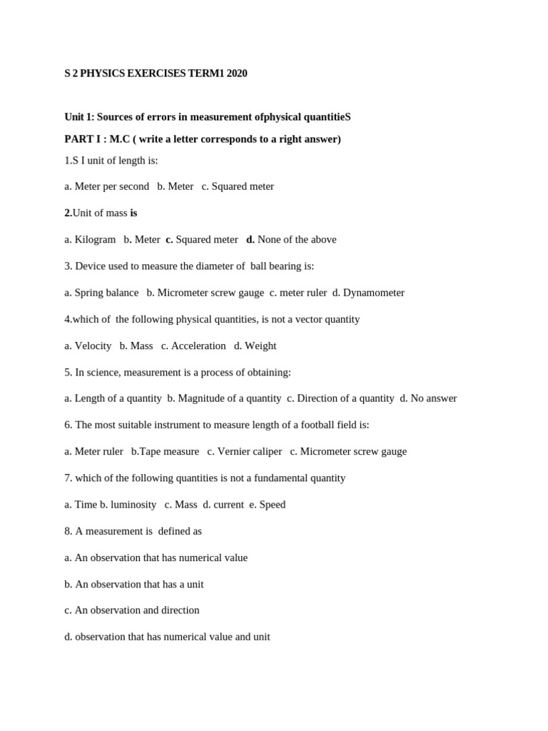 S 2 Physics Exercises Term1 2020 | PDF | Friction | Pressure