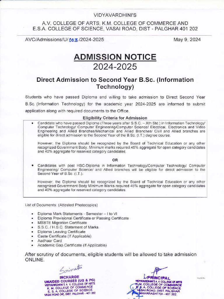 Admission Notice 2024 2025 Diploma Sy It | PDF | Career And Technical ...