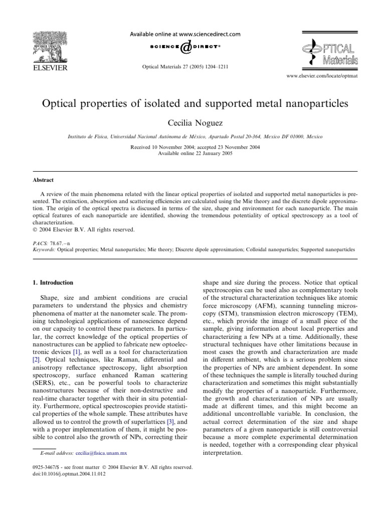 Optical Properties of Isolated and Supported Metal Nanoparticles | PDF ...