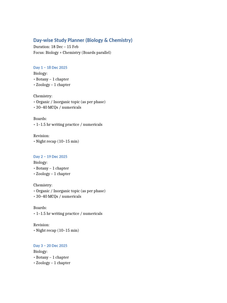 Daywise Study Planner Till Mid Feb | PDF | Zoology | Organic Chemistry