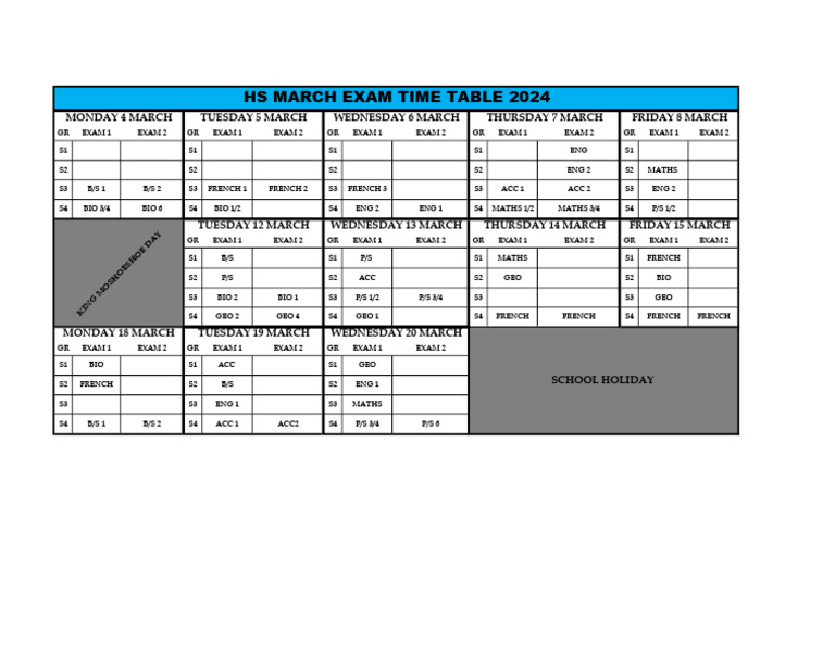 Hs Term 1 Exam Timetable | PDF