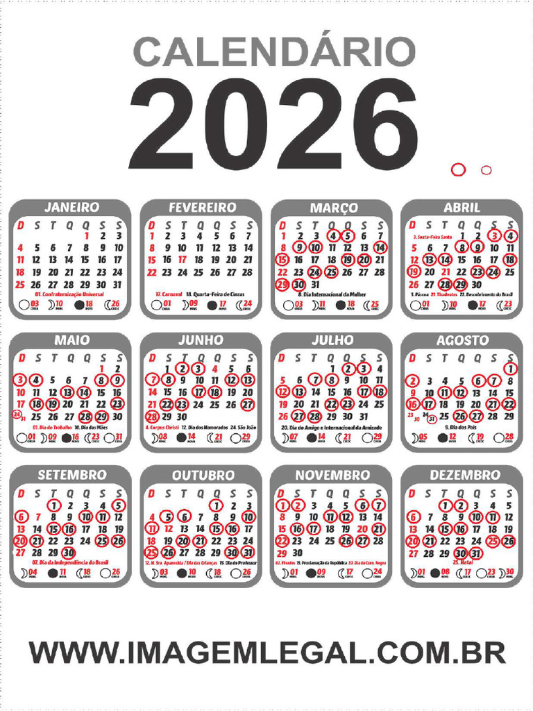 Calendario 2026 PNG Cinza Com Feriados 22 | PDF