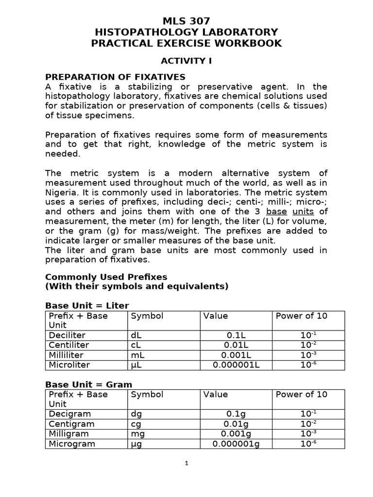 Mls 307 Histo Lab Work Book | PDF | Litre | Ratio