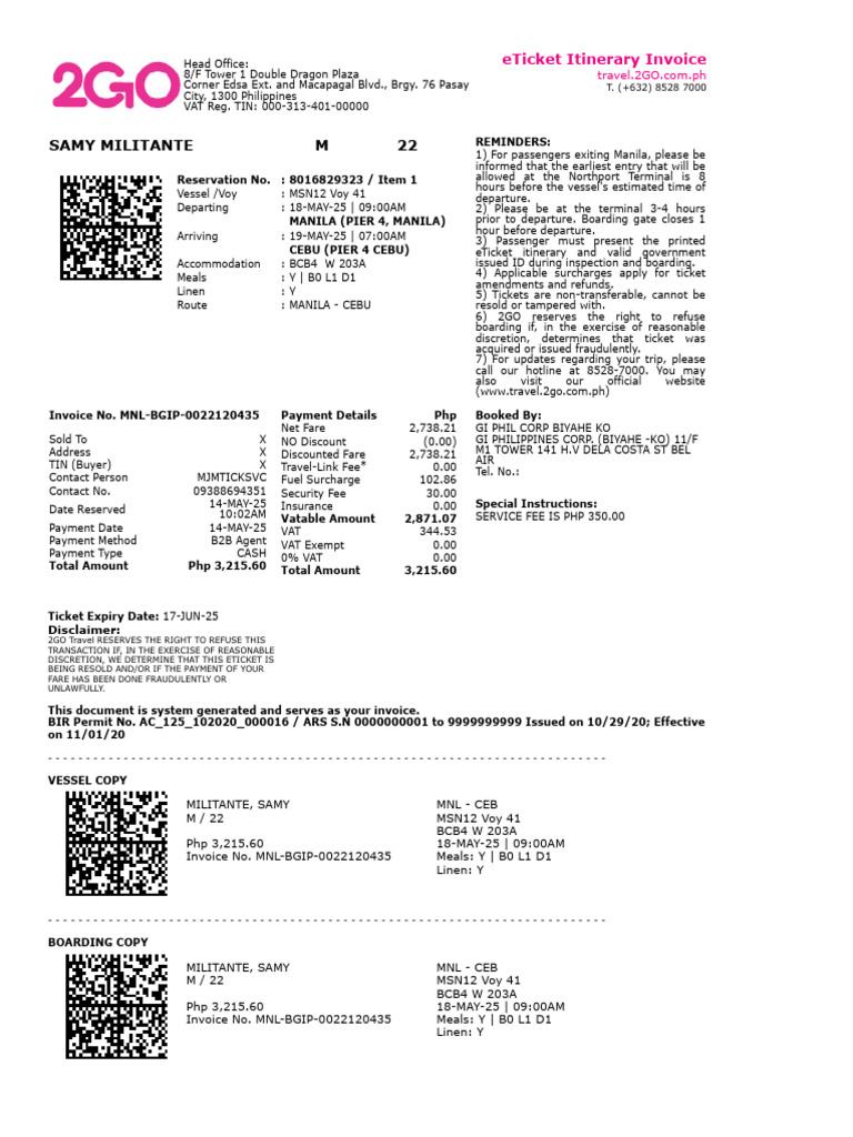 2GO Travel - Itinerary Receipt | PDF | Ticket (Admission) | Legal Liability