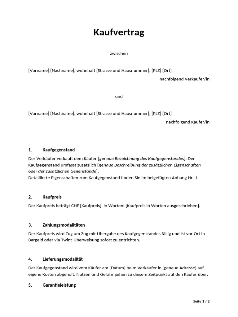 Vorlage Fr Kaufvertrag