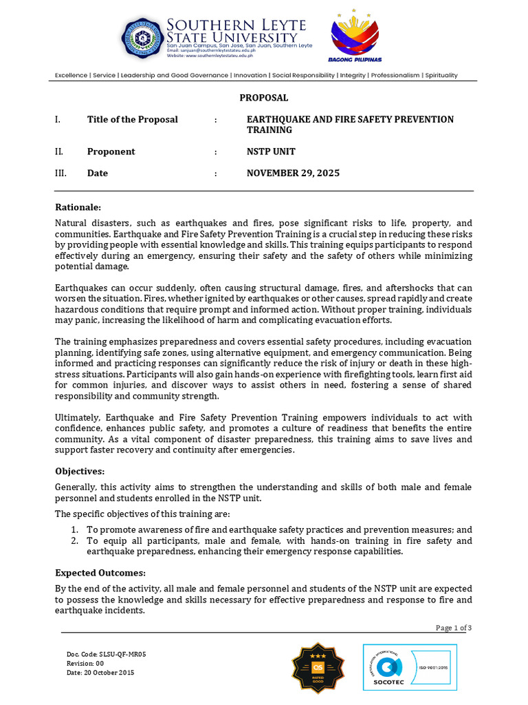 QF MR05 Activity Proposal Earthquake and Fire Safety Prevention ...